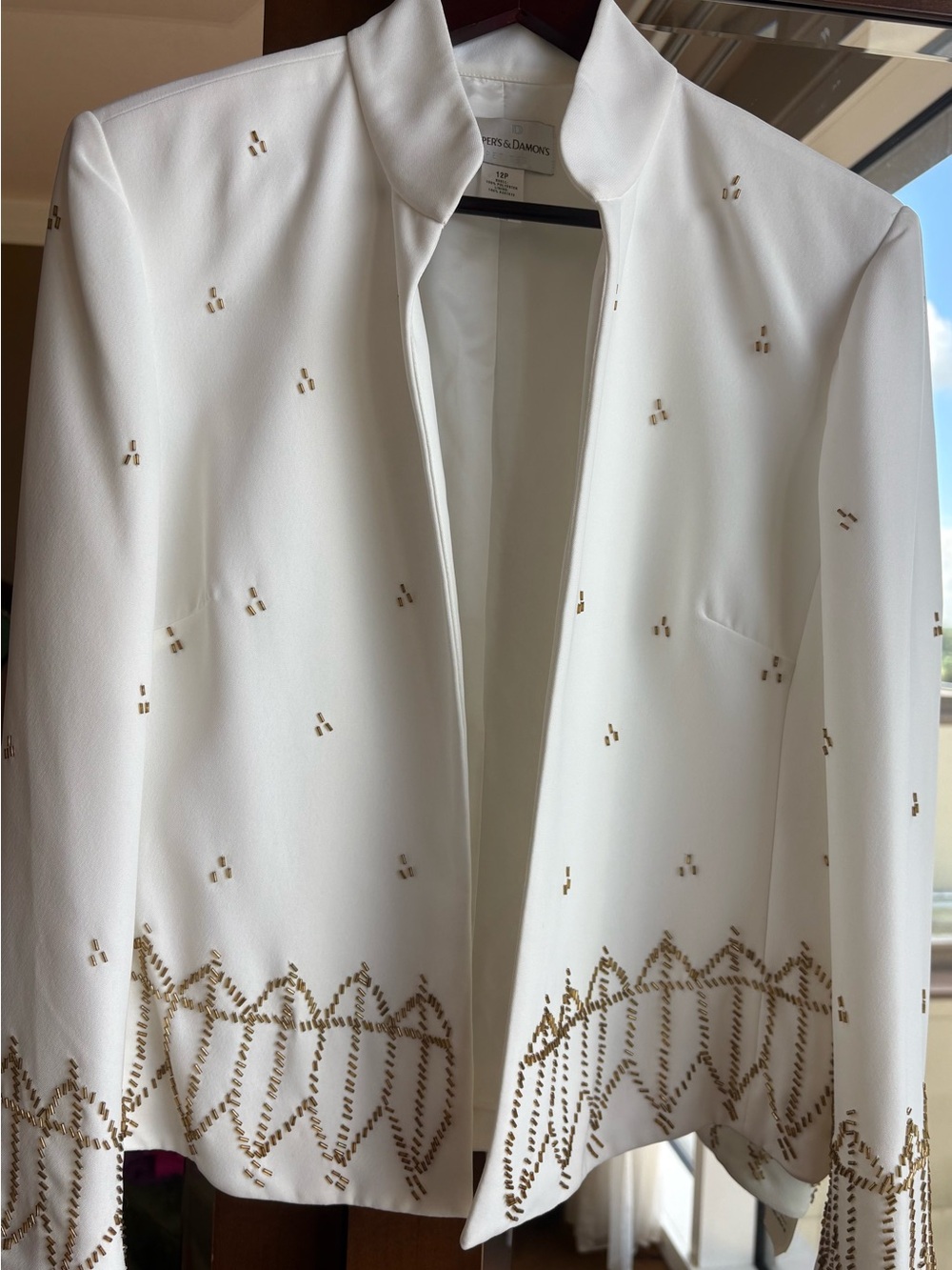 Women's White Embellished Open-Front Blazer with Gold Detail